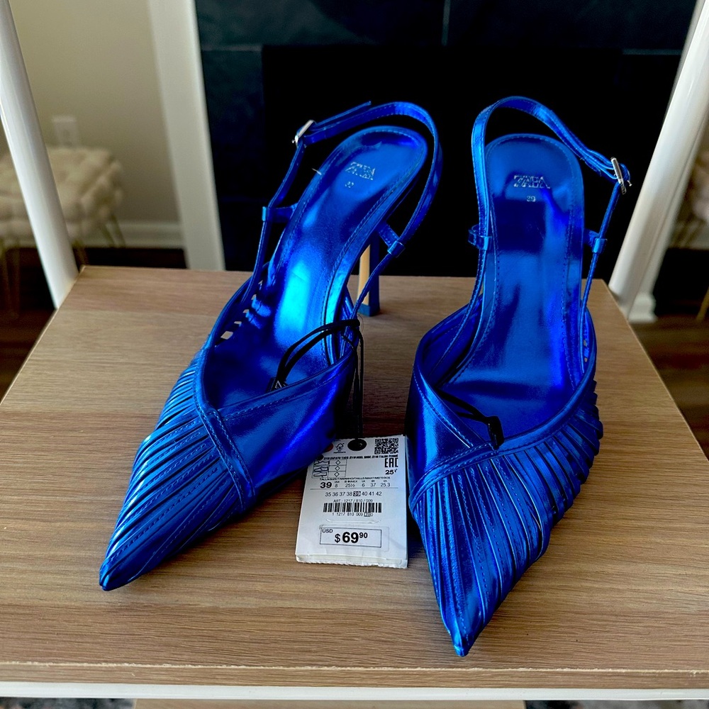 Zara - Blue Patent Metallic Slingback Heels